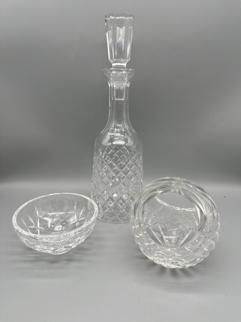 (3) Pieces of Waterford Glass: (3) Pieces of Waterford Glass: Decanter "Alana" 13.25" tall, rose bowl and bowl.