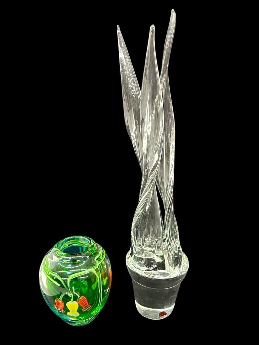 (2) pieces of Art Glass Including Murano: (2) pieces of Art Glass Including Murano: Clear leaves in pot with label 18.5", squat vase with flowers 5.5".