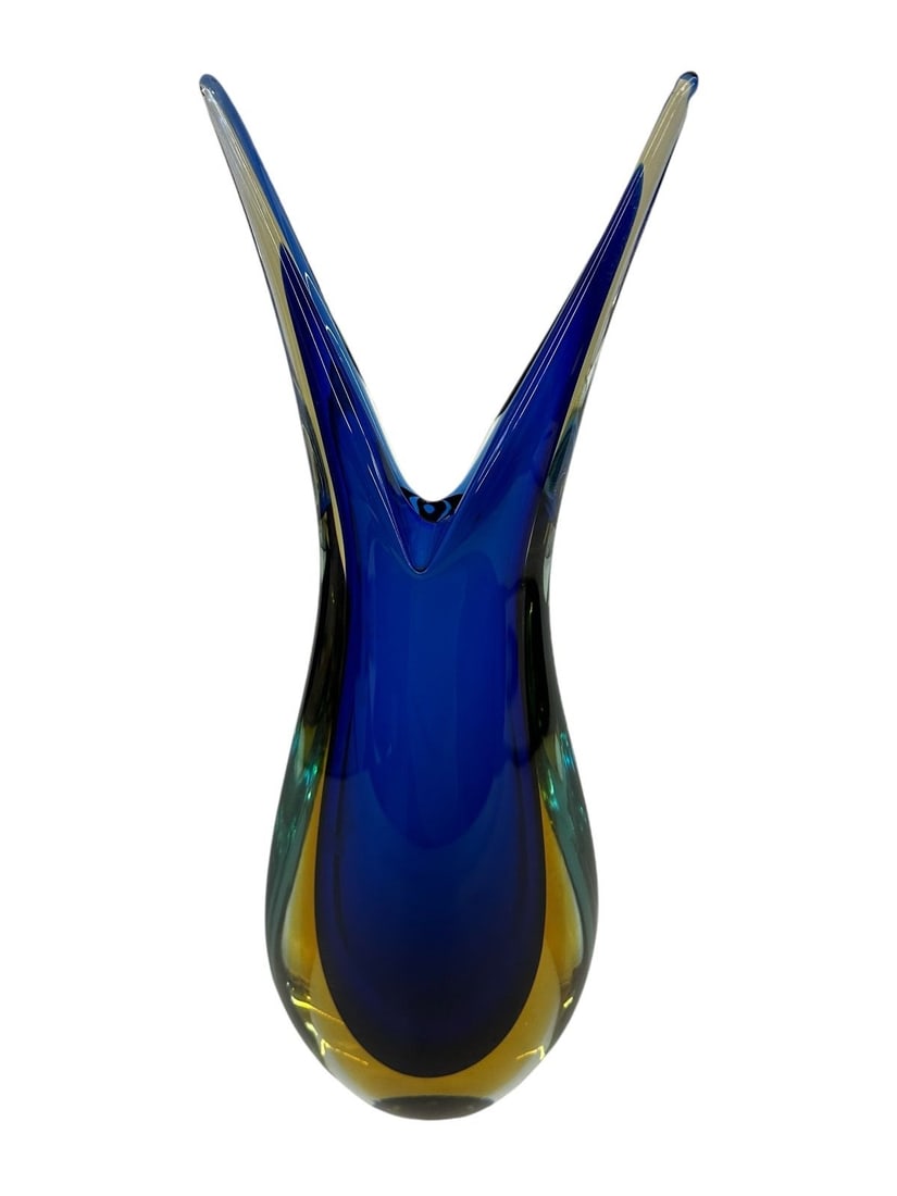 Art Glass Blue and Yellow Abstract Vase: Art Glass Blue and Yellow Abstract Vase: Measures 15.25" tall.
