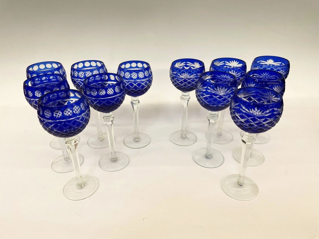 (12) Imperial Estate Crystal Wine Glasses Cobalt Cut to Clear: (12) Imperial Estate Crystal Wine Glasses Cobalt Cut to Clear: 2 different patterns. No condition issues