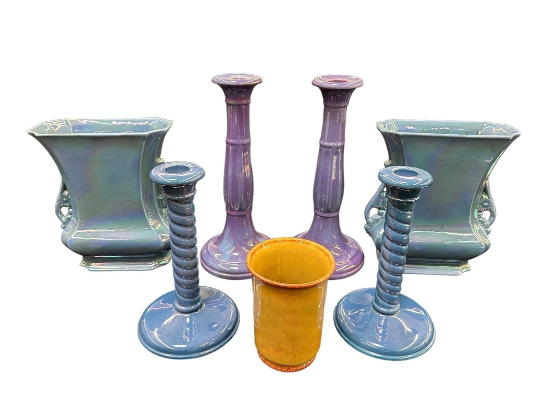 (5) Pieces Cowan Iridescent Pottery: (5) Pieces Cowan Iridescent Pottery: Includes 2 vases, (1) candlestick set 10.75" purple, (1) candlestick set blue 7.75", (1) brown cup.