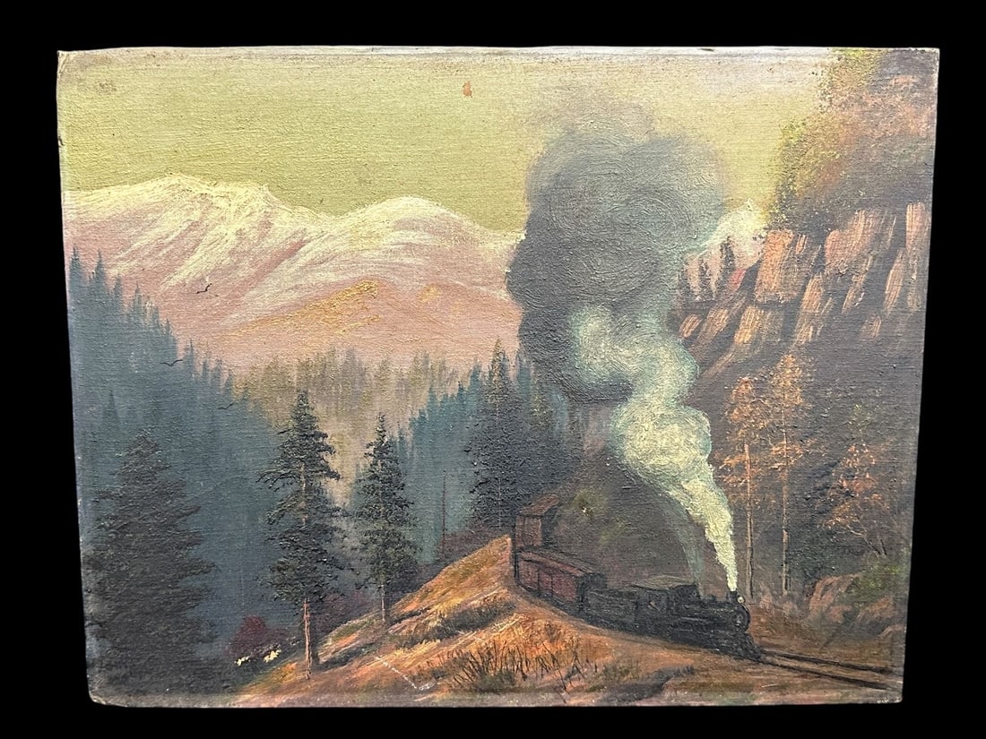 Oil on Board Train Through Countryside: Oil on Board Train Through Countryside: No frame and measuring 13.75 x 10.75".