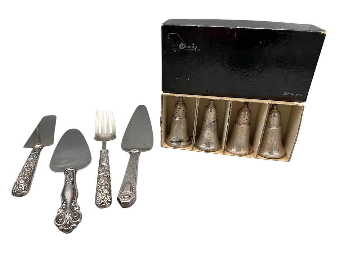 (4) Duchin Weighted Sterling Silver Salt and Pepper, (4) Sterling Silver Utensils (1 of 1)