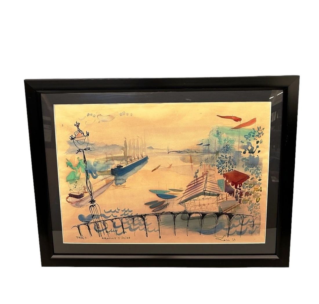Paris Nenilly Seine Embellished Watercolor: Paris Nenilly Seine Embellished Watercolor on paper signed Louis. This painting is framed and measures 26 x 20".