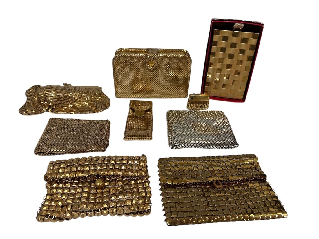 Group of Gold Beaded Metal Purses and Wallets: Group of Gold Beaded Metal Purses and Wallets: Includes a beaded lighter, 9 in all including Whiting and Davis.