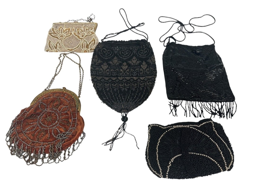 (5) Beaded Purses: (5) Beaded Purses: Whiting and Davis, and embroidered piece.