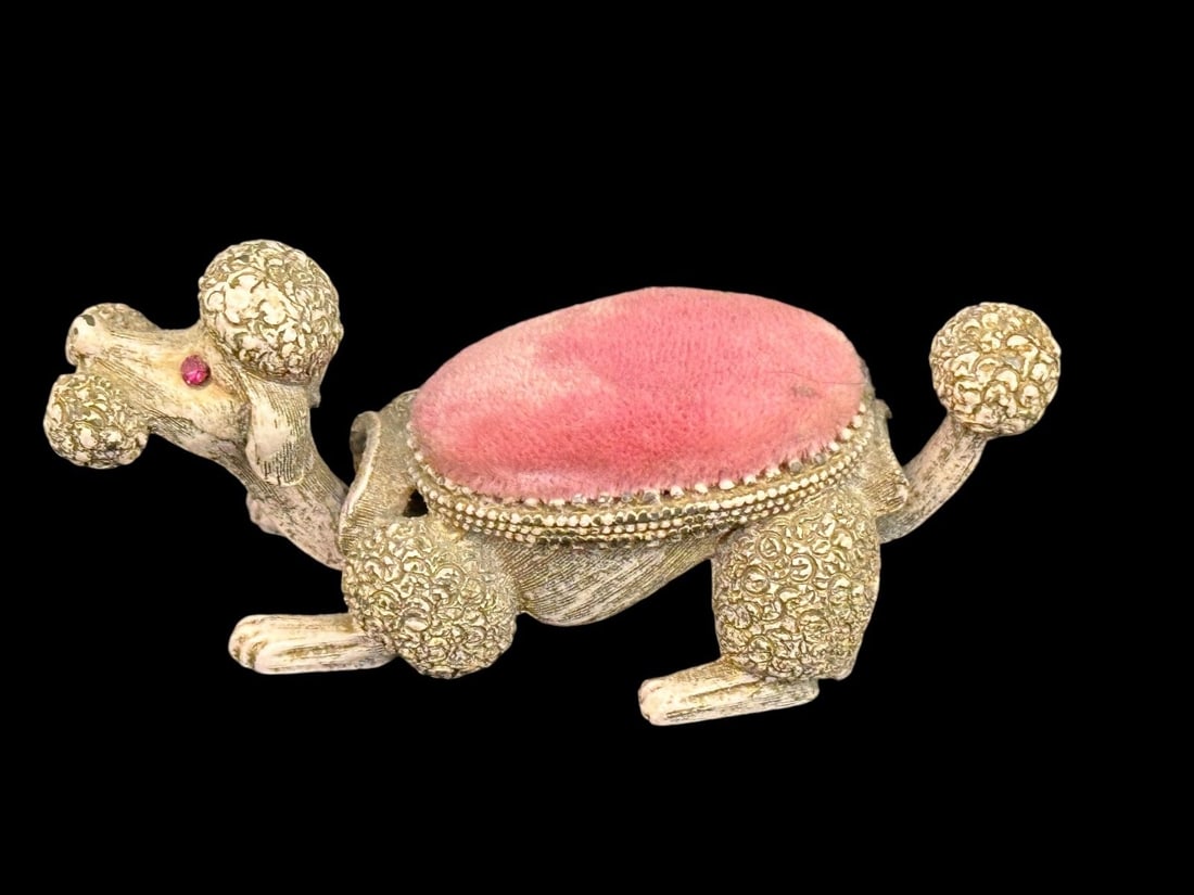 Florenza RARE Metal Poodle Pin Cushion Articulating: Florenza RARE Metal Poodle Pin Cushion: In pink, measures 3.25" long.