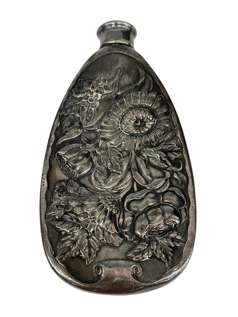 Derby Silver Plate Repousse Flask (1 of 2)