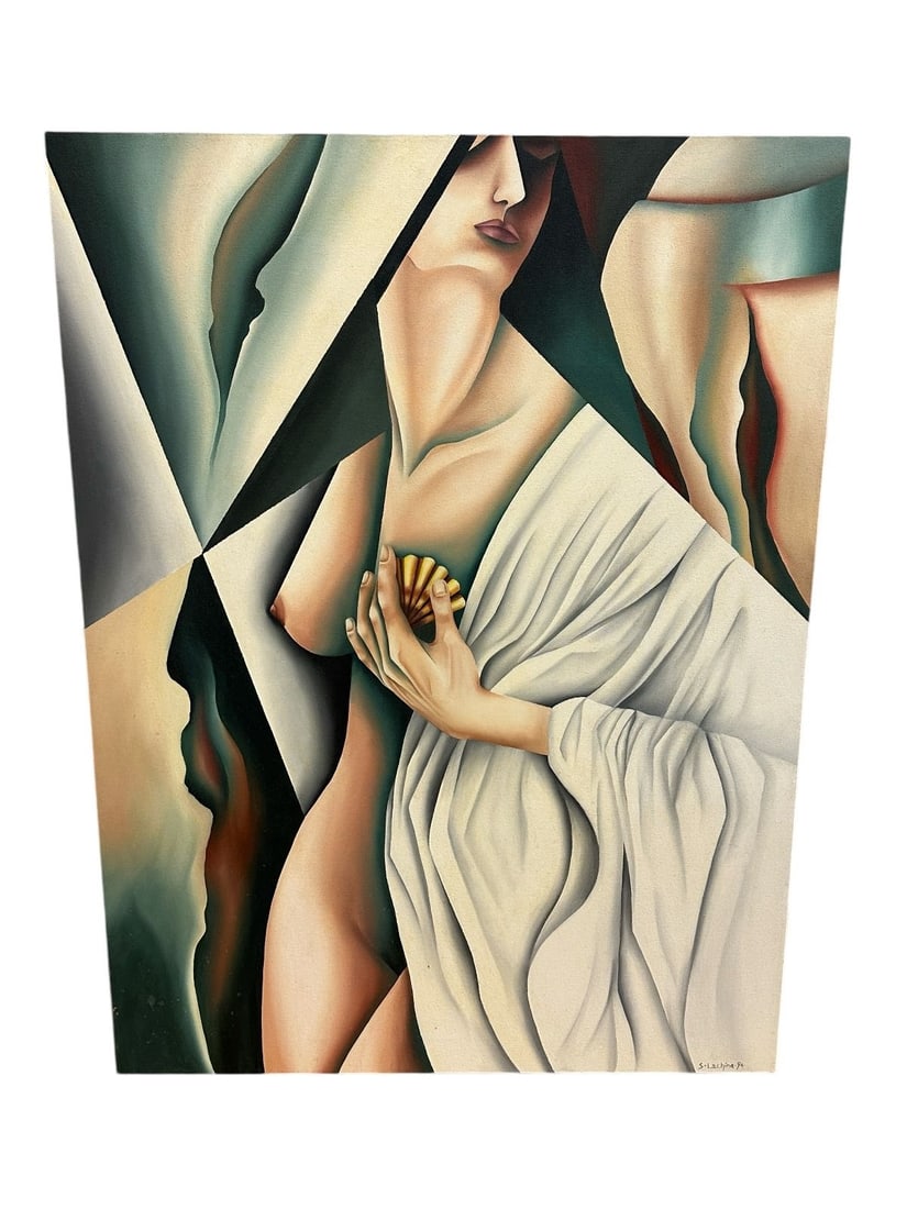 Cleveland School Sally Lachina Surrealist Painting: Cleveland School Sally Lachina Surrealist Painting: Woman in Shell, measures 36 x 48".