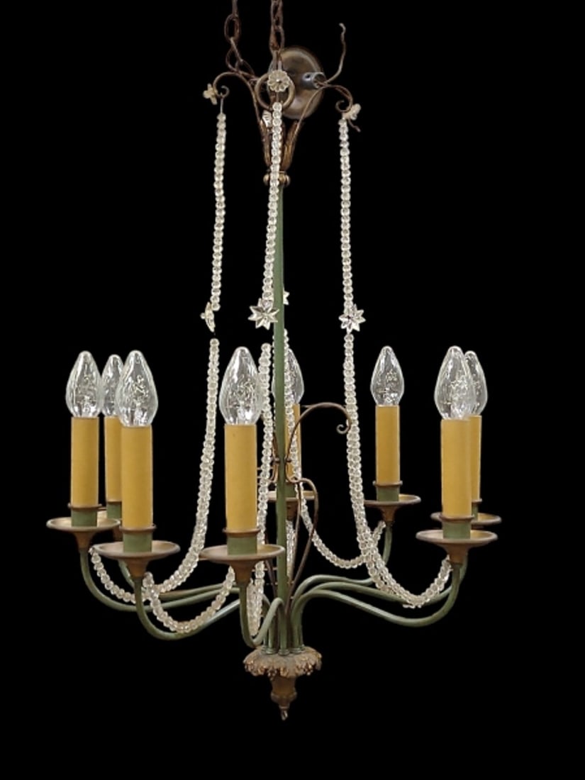 Hollywood Regency Tole Painted Green 8 Arm Chandelier Light Fixture (1 of 5)