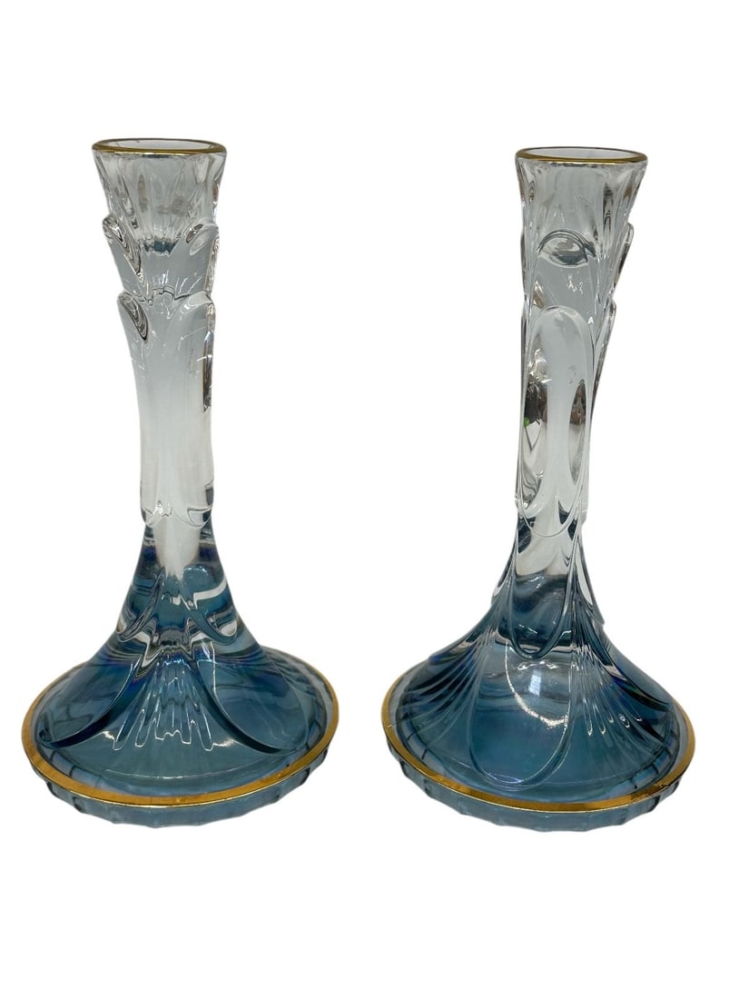 Blue Iridescent Lead Crystal Candle Holders: Blue Iridescent Lead Crystal Candle Holders: Measure 8.25" tall.