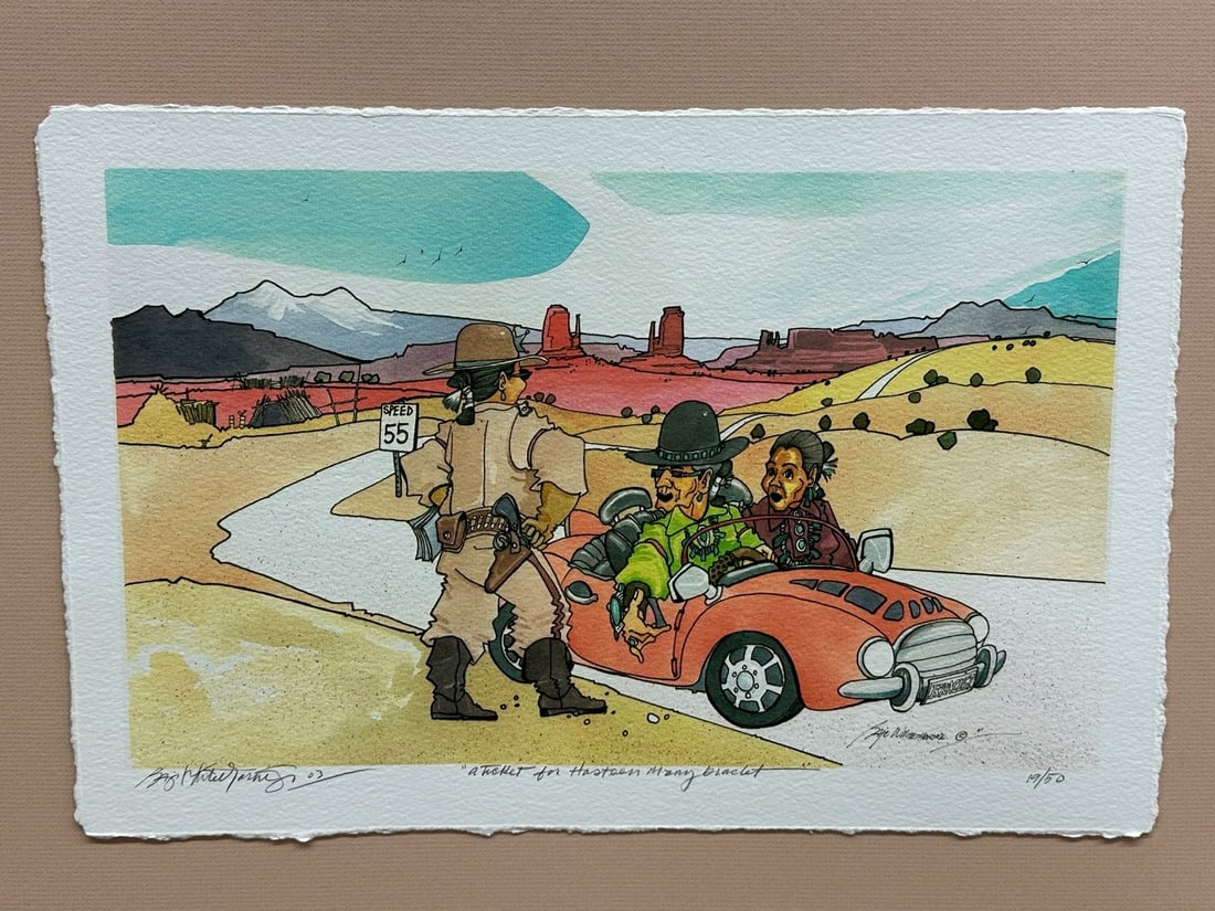 Baje Whitethorne Giclee "A Ticket For Hosteen Many Braclet": Baje Whitethorne Giclee "A Ticket For Hosteen Many Braclet": Mounted to board unframed and measuring 15.5 x 10.25". Numbered 19/50.