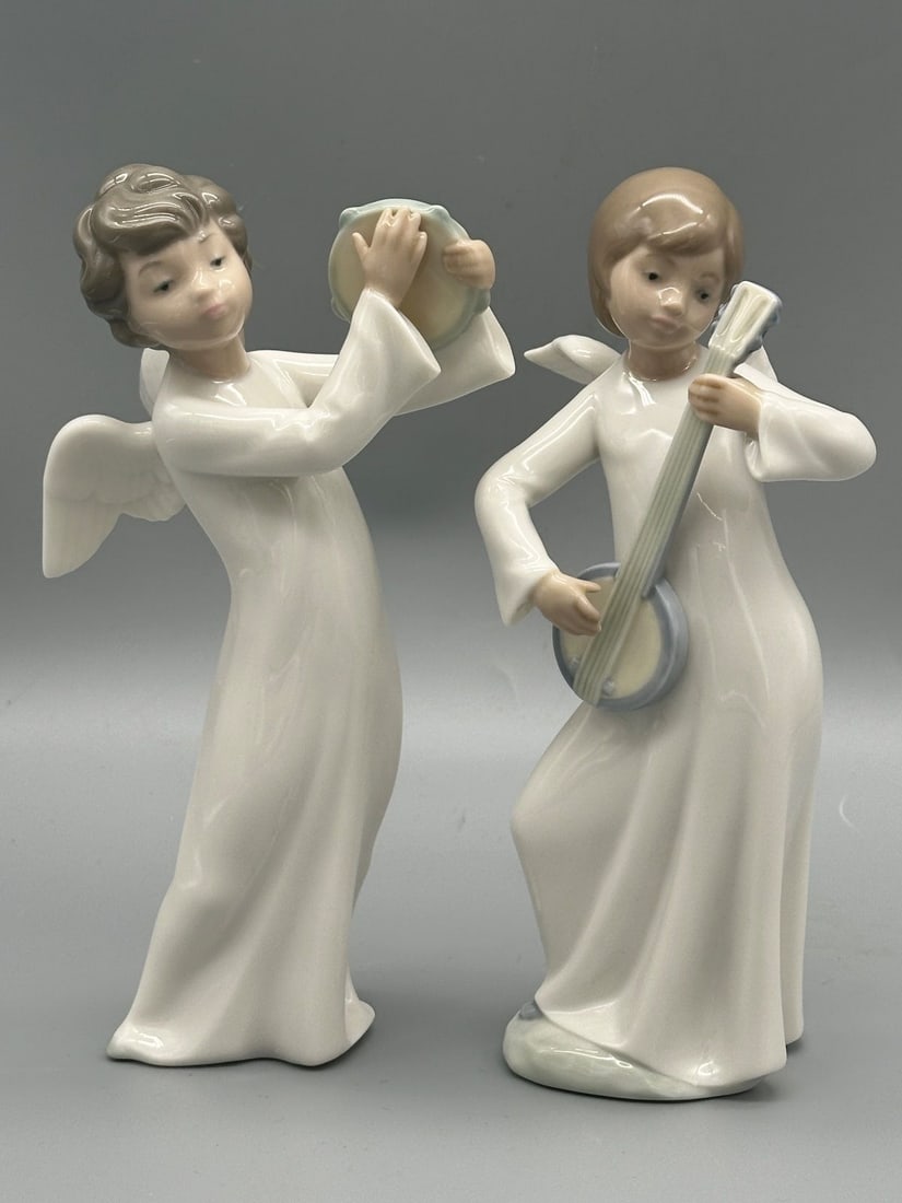 (2) NAO Porcelain Figurines Musical Angels: (2) NAO Porcelain Figurines Musical Angels: Tambourine Boy and Girl with Banjo