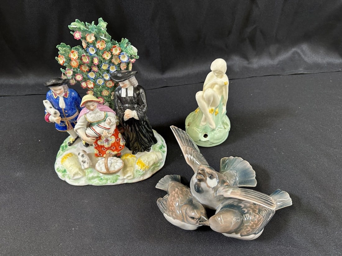 Bing & Grondahl, Fulper, Chelsea Pieces: Bing & Grondahl, Fulper, Chelsea Pieces: B & G Denmark bird trio, Fulper nude, Chelsea figural group.