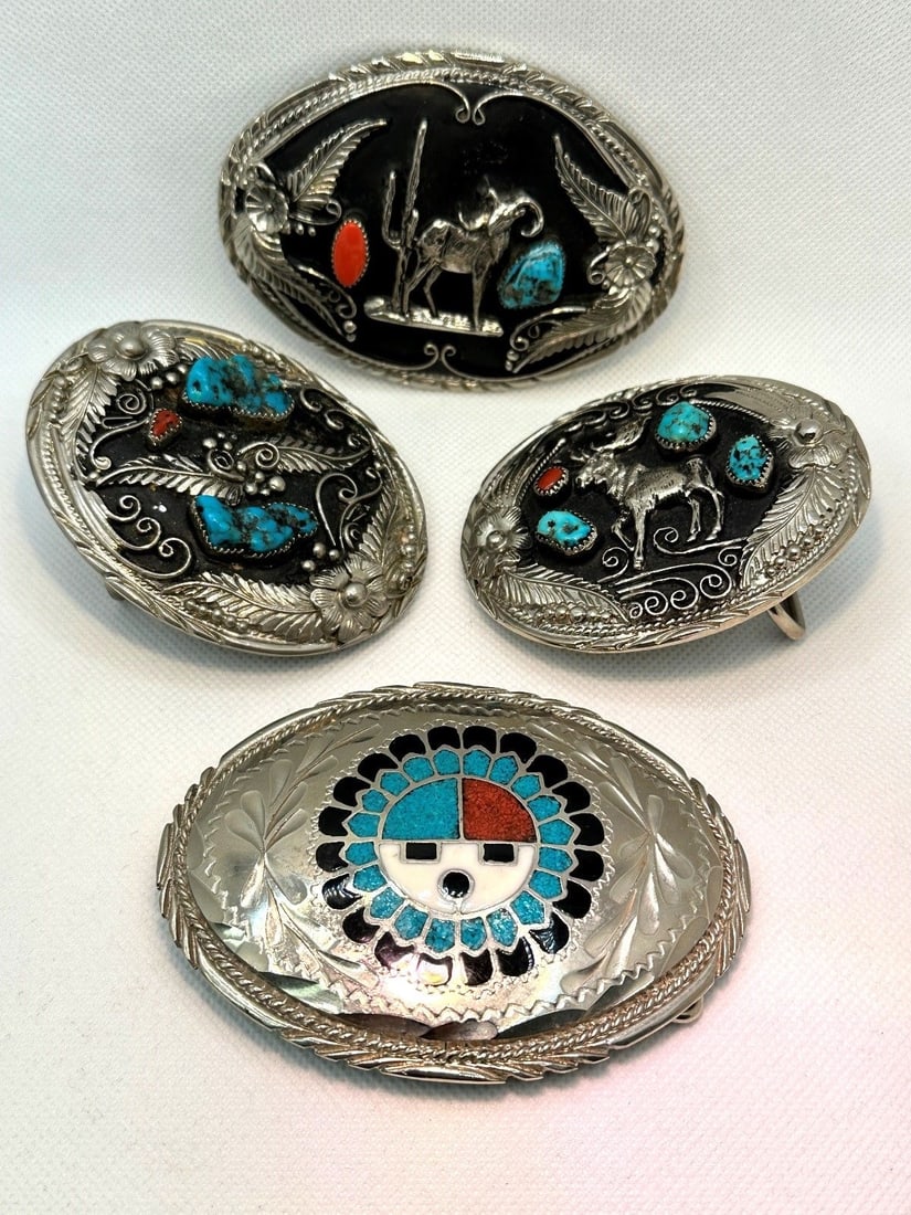 (4) Silver Native American Belt Buckles With Coral, Turquoise (1 of 5)