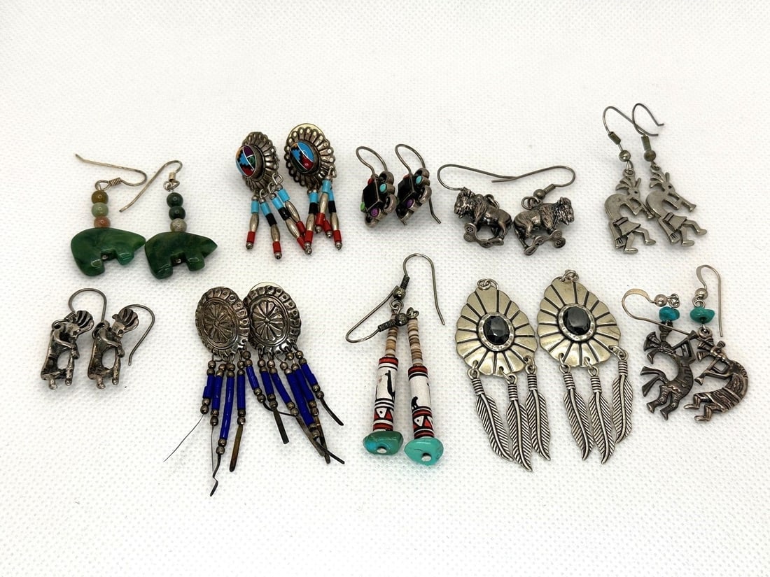 (10) Pairs Native American Sterling Silver Earrings: (10) Pairs Native American Sterling Silver Earrings Total weight is 53 grams.