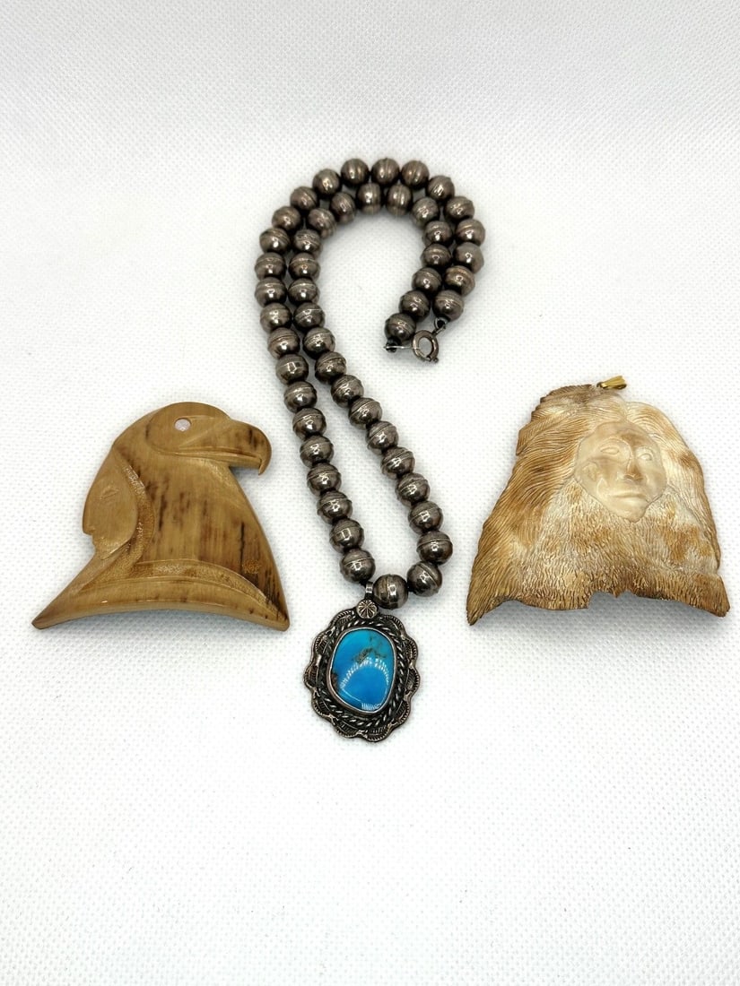 (3) Native American Sterling Silver Jewelry Pieces: (3) Native American Sterling Silver Jewelry Pieces: Sterling beaded necklace with turquoise pendant, Eagle brooch signed, carved bone woman pendant.