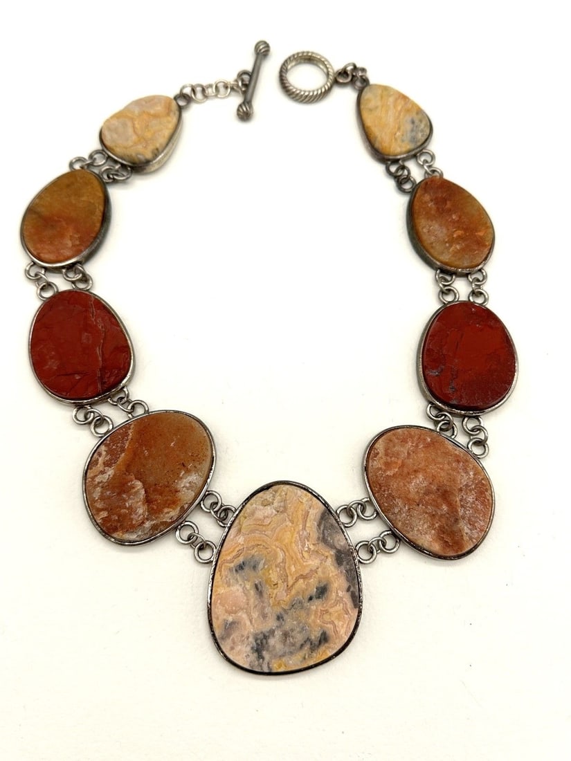 Sterling Silver Necklace Set With Heavy Cabochon Stones: Sterling Silver Necklace Set With Heavy Cabochon Stones: Statement piece measuring 18" long.