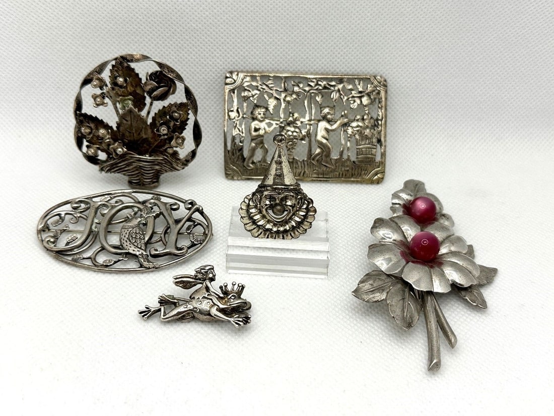 (7) Sterling Silver Brooches; Beau, H & H, Raffaele: (7) Sterling Silver Brooches; Beau, H & H, Raffaele: Includes Beau clown, Taylord, Jelaine, H & H, Raffaele.