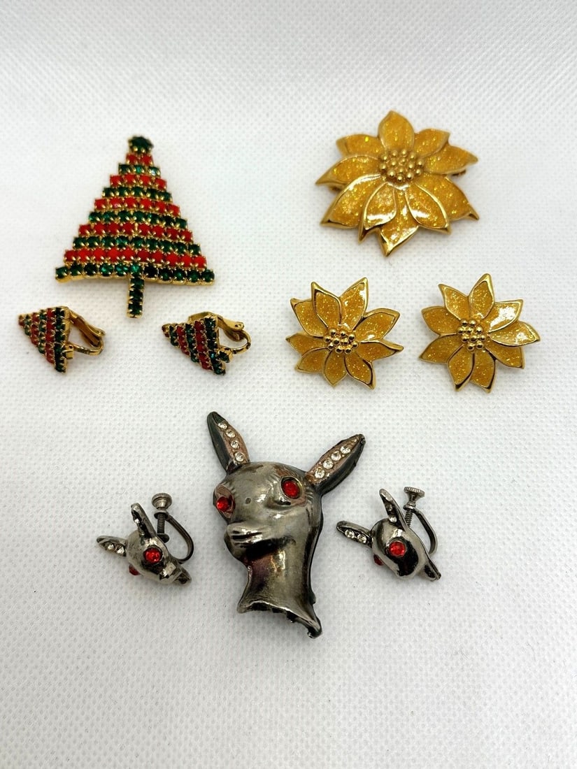 (3) Christmas Brooch and Earring Sets: (3) Christmas Brooch and Earring Sets: Tree, Reindeer and Poinsettia.