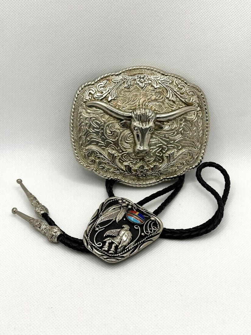 SSI Turquoise Bolo and Silver Steer Belt Buckle (1 of 3)