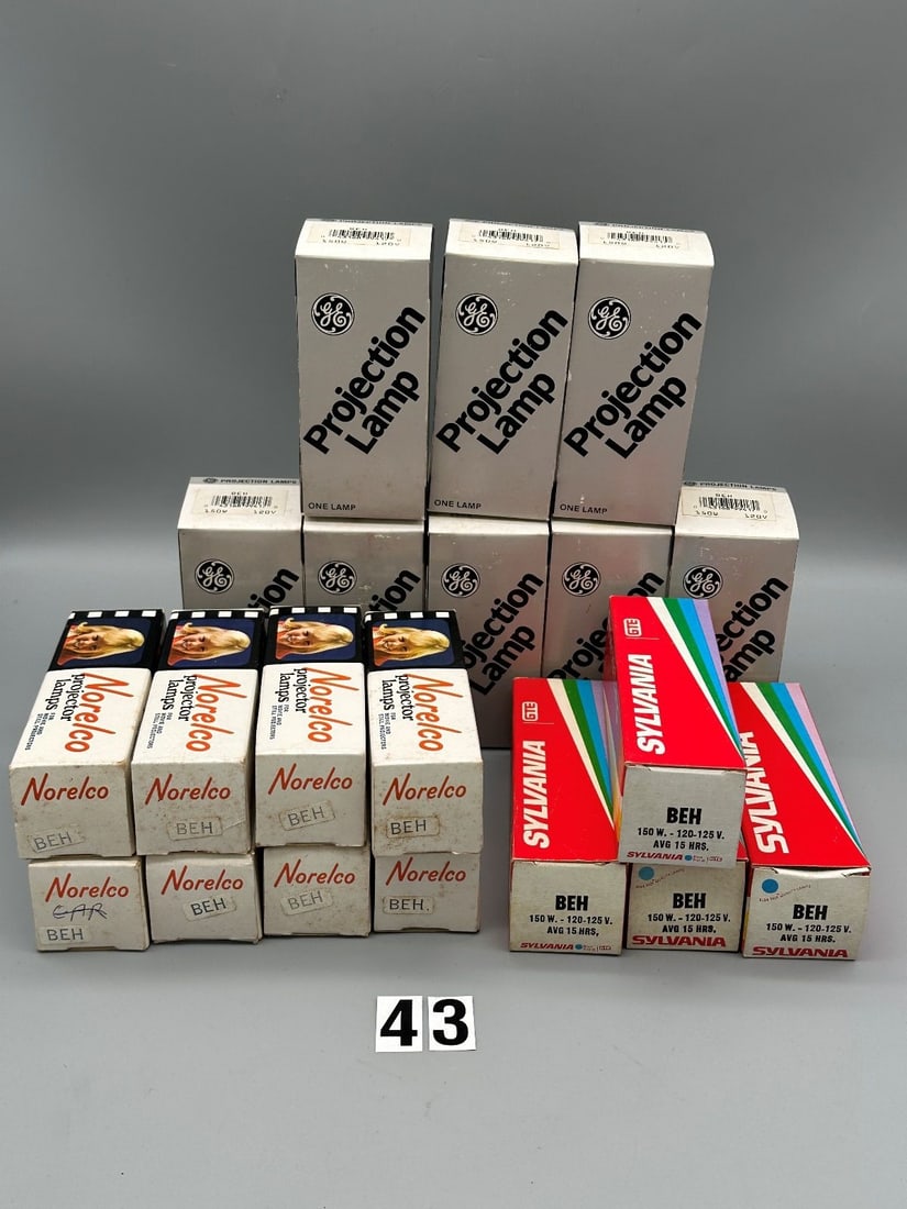 (20) New in Box #BEH Projector Lamps Bulbs: (20) New in Box #BEH Projector Lamps Bulbs: All 20 bulbs are BEH, never used, and are from 3 companies. (8) GE, (4) Sylvania, (8) Norelco.