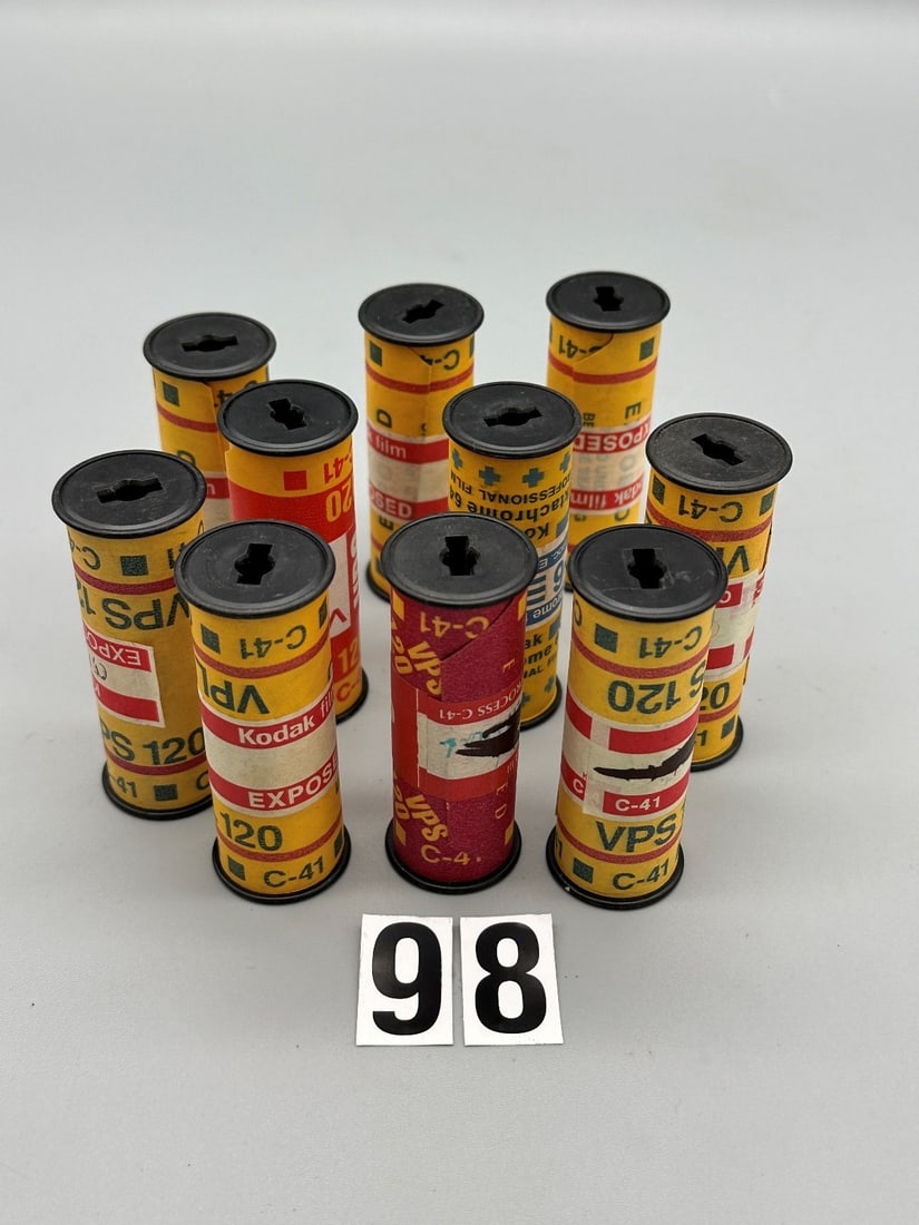 Mystery Film (10) Rolls of Exposed and Undeveloped Color Film Size 120: Mystery Film (10) Rolls of Exposed and Undeveloped Color Film Size 120: Nine rolls of color negative and one roll of Ektachrome. A total of 128 exposures. Just think of it, after you develop the film,