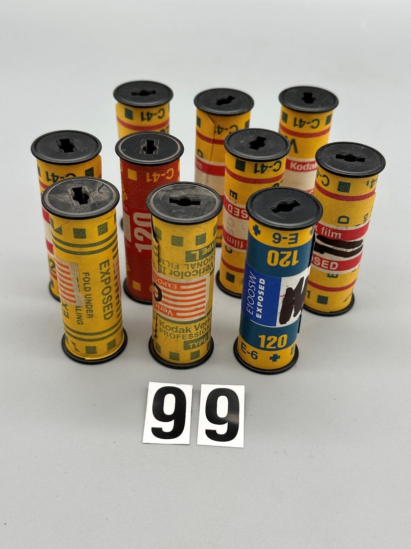 Mystery Film (10) Rolls of Exposed and Undeveloped Color Film Size 120: Mystery Film (10) Rolls of Exposed and Undeveloped Color Film Size 120: Nine rolls of color negative and one roll of Ektachrome. A total of 128 exposures. Just think of it, after you develop the film,