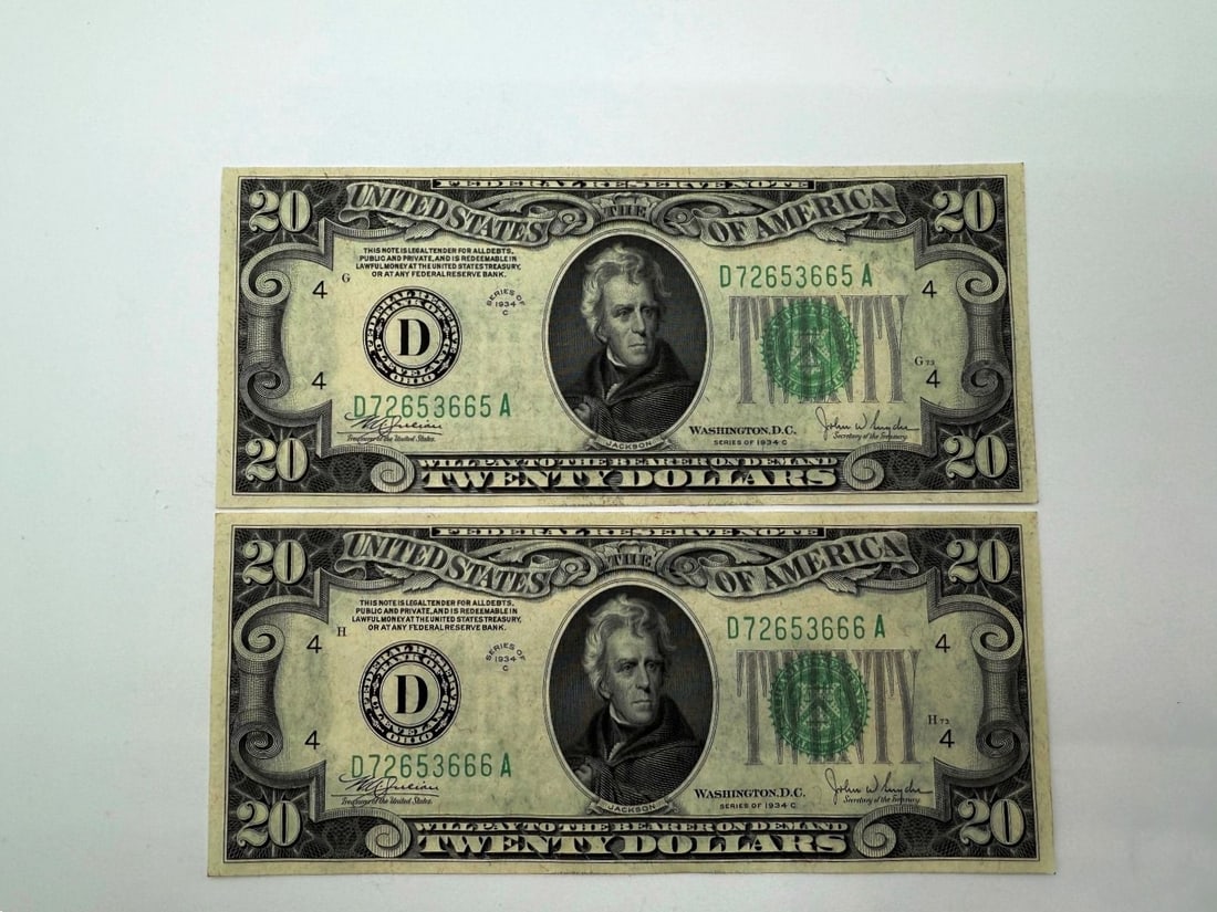 (2) $20 1934-C Series Federal Reserve Notes Consecutive Serial Numbers (1 of 2)