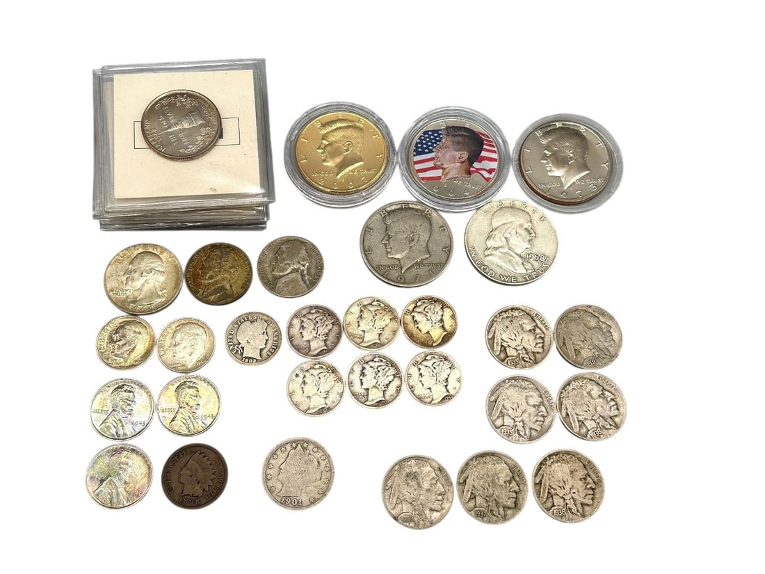 Group of US Coins; Silver Kennedy, Franklin, Indian Head, Silver Barber and Roosevelt, Others (1 of 7)
