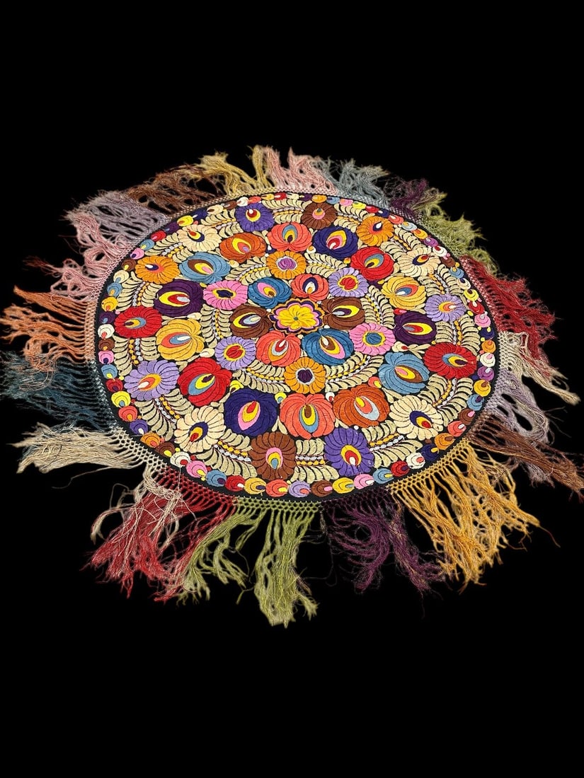 Hungarian Matyo Silk Floral Embroidered Round Table Topper: Hungarian Matyo Silk Floral Embroidered Round Table Topper: