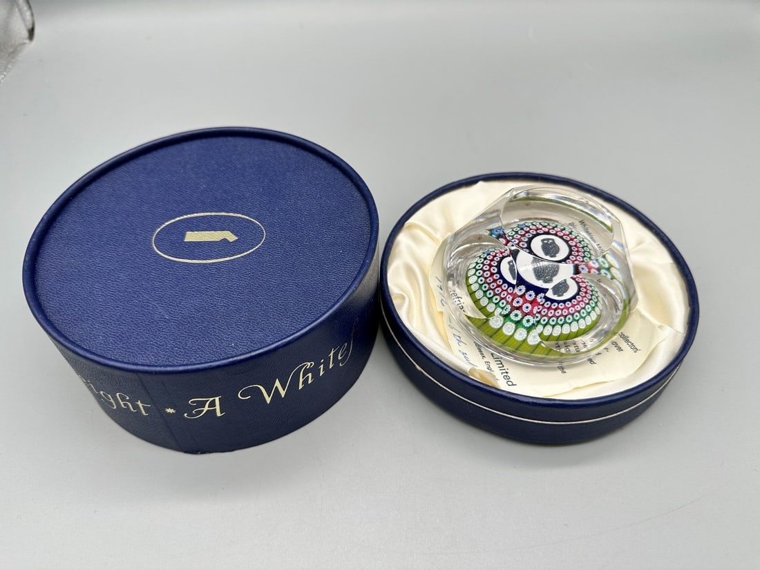 Whitefriars Owl Paperweight in Original Box: Whitefriars Owl Paperweight in Original Box: cut-faceted with a circular top window, central millefiori owl cane surrounded by rings of green, blue, red, and white star canes.