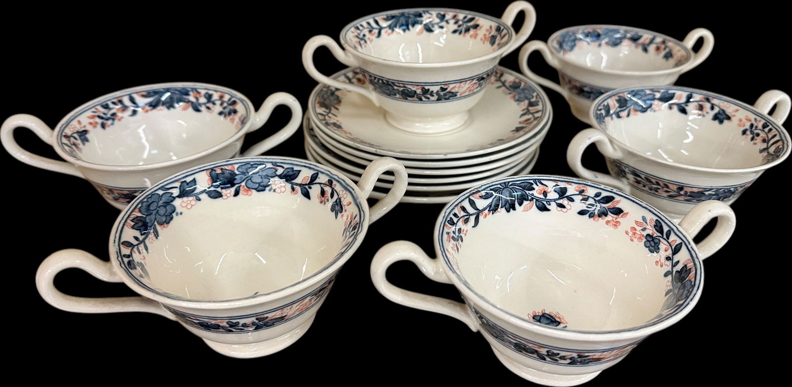 (6) Wedgwood Etruria Double Handle Cream Soups and Saucers: (6) Wedgwood Etruria Double Handle Cream Soups and Saucers: