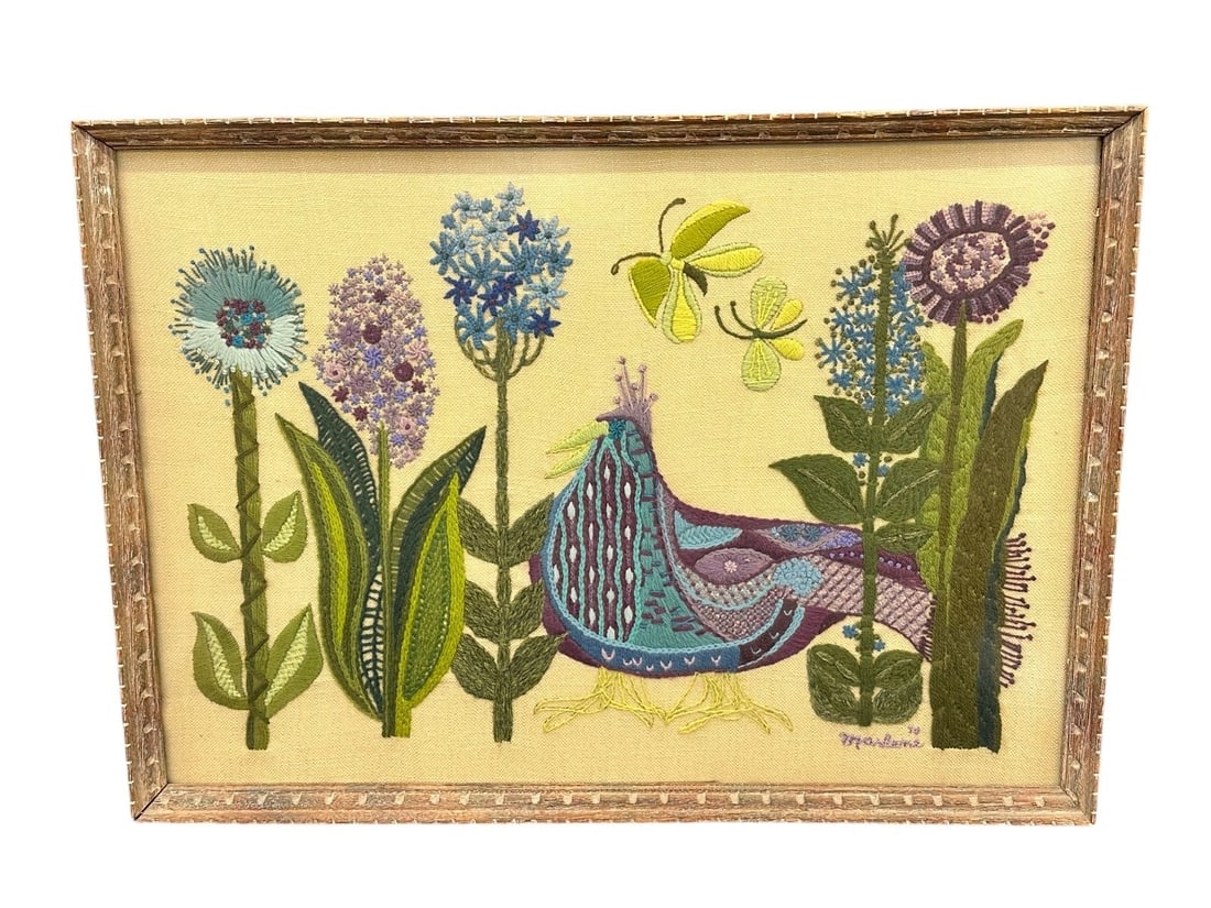 Vintage Embroidered Butterfly, Bird and Flower Art Piece (1 of 4)