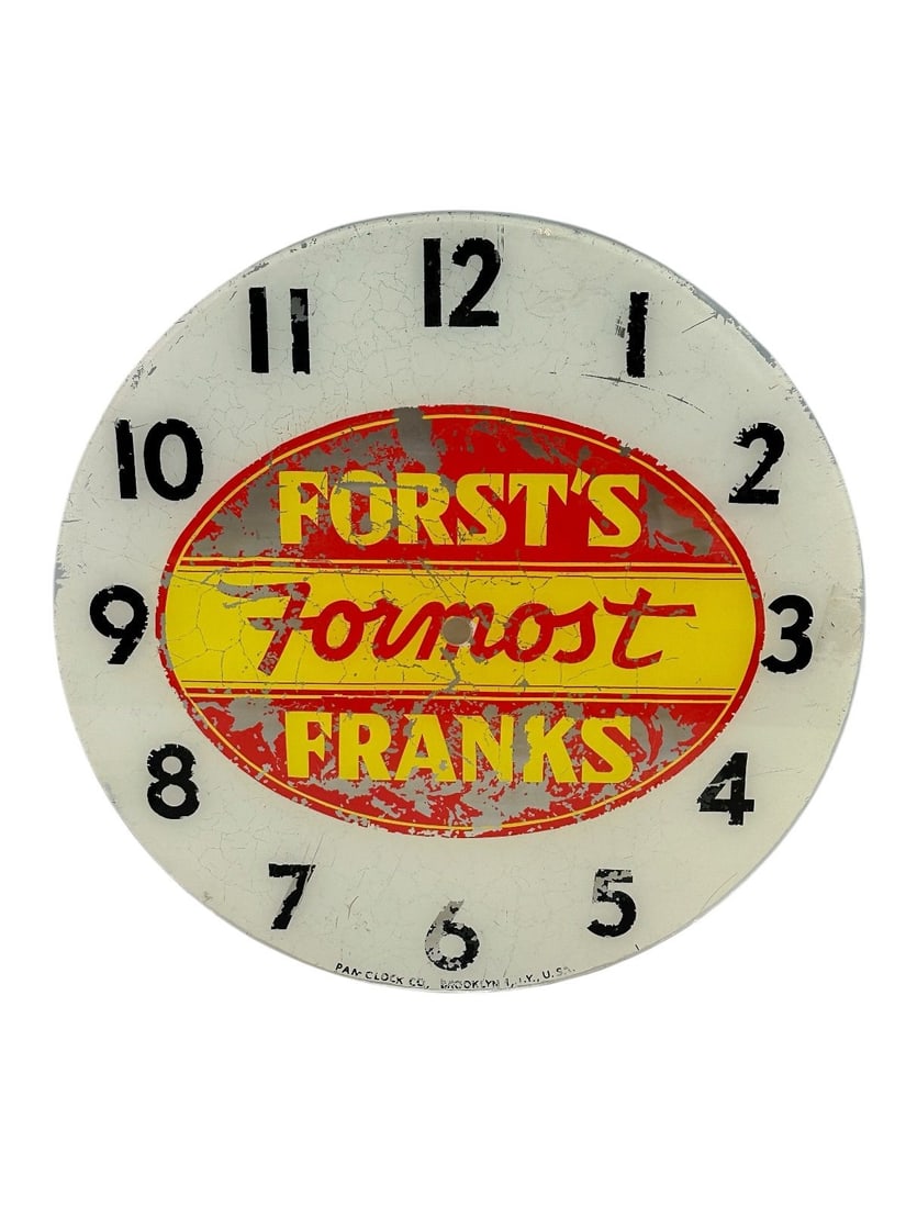 Forst's Formost Franks Advertising Glass Clock Front: Forst's Formost Franks Advertising Glass Clock Front: Measures 14.25" in diameter, Pam clock, paint chipping.