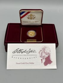 1999 George Washington Bicentennial 5 Dollar Proof Gold Coin OB and COA