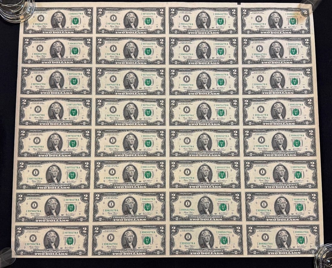 2002 Uncut Sheet $2 Bills Bank of Minnesota (32) $2 Bills (1 of 6)