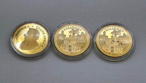 (2) Russia Vladimir City Gold Plated Coins & (1) 1967 South Africa Krugerrand Coin