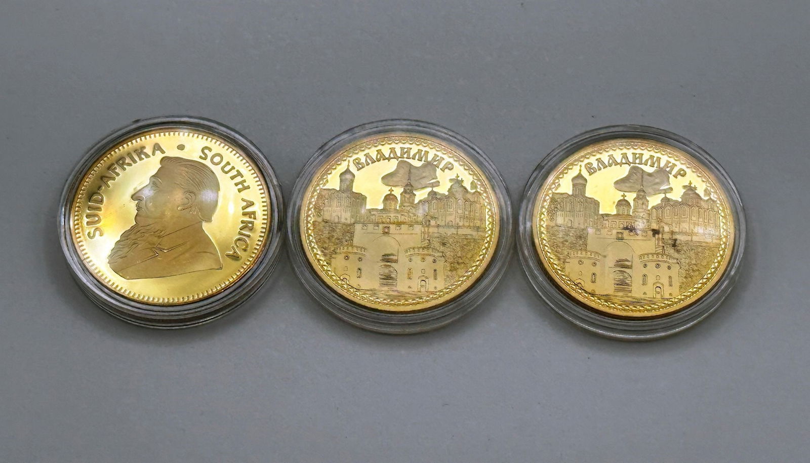 (2) Russia Vladimir City Gold Plated Coins & (1) 1967 South Africa Krugerrand Coin (1 of 2)
