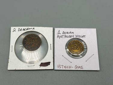 (2) Early Apothecary Tokens
