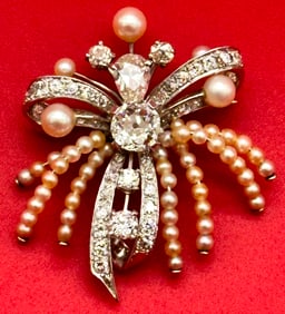 Lady's Platinum, Diamond (2.84 Carats), & Pearl Brooch With Appraisal