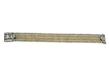 Handmade Millgrained Platinum, Diamond, & Sapphire Art Deco Seed Pearl Bracelet With Appraisal