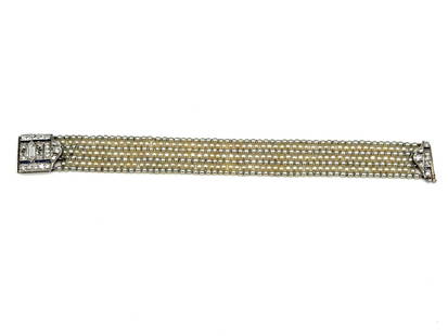Handmade Millgrained Platinum, Diamond, & Sapphire Art Deco Seed Pearl Bracelet With Appraisal: Handmade Millgrained Platinum, Diamond, & Sapphire Art Deco Seed Pearl Bracelet With Appraisal: Bezel set in Platinum with (1) hexagonal step cut natural diamond, .46 carats, color K, clarity VS1. Bea