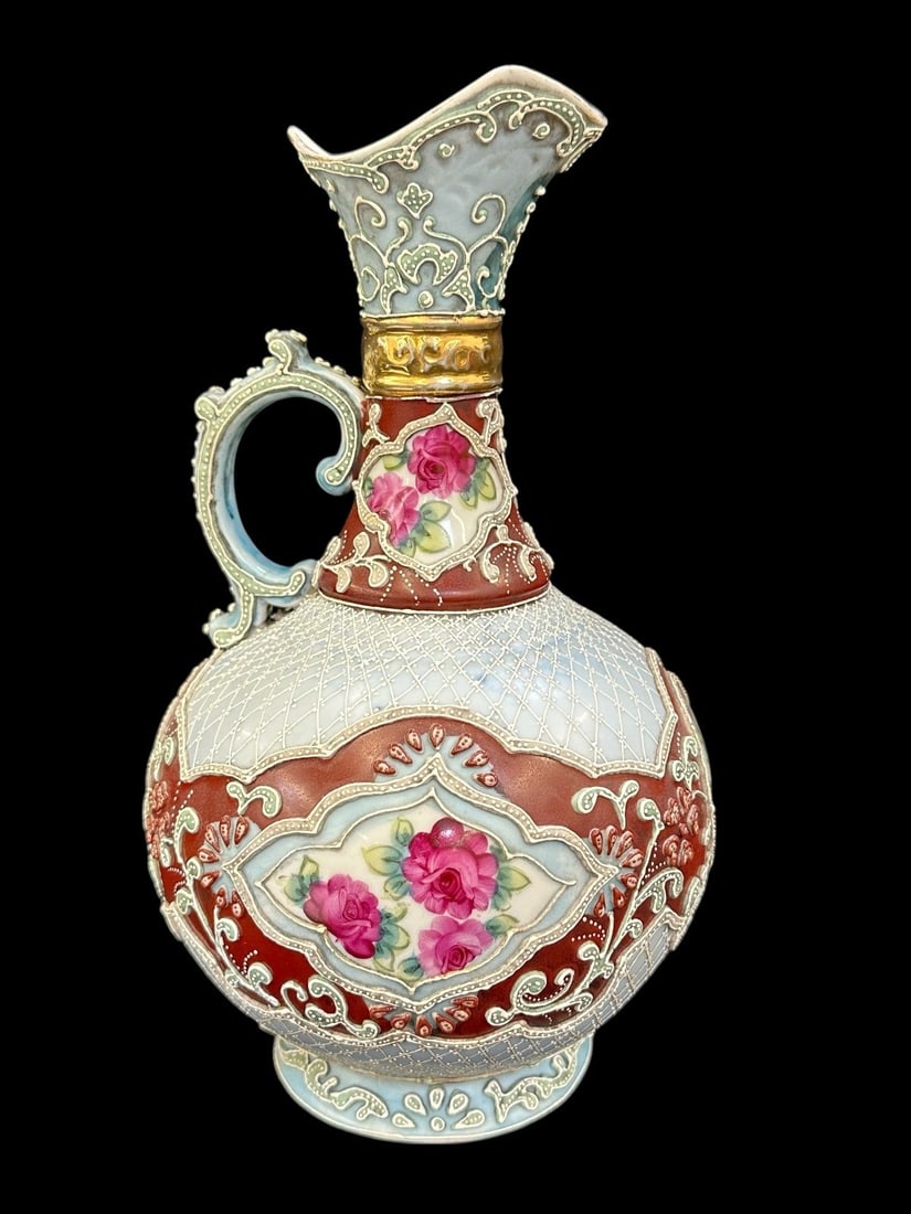 Hand Painted Moriage Net and Scroll Porcelain Ewer: Hand Painted Moriage Net and Scroll Porcelain Ewer: Measures 10.5" tall.