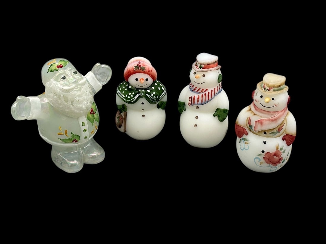 (4) Hand Painted Fenton Signed Figurines: (4) Hand Painted Fenton Signed Figurines: Opal snowman by K. Brightbill. Snowman by V. Cline, Snowman by M. Caplinger, Snowman by S. Miller.