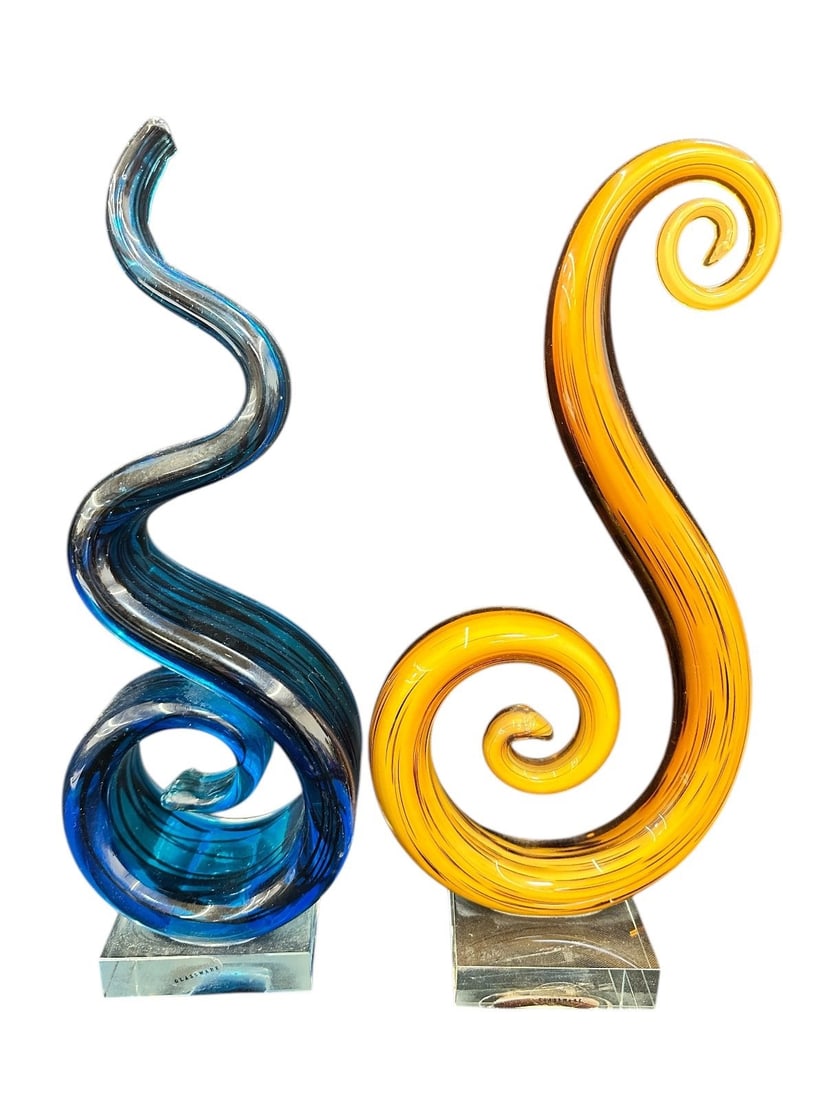 (2) Pieces Murano Art Glass: (2) Pieces Murano Art Glass: Abstract in form, and ribbonlike. Measuring 12.25", and 11.75".