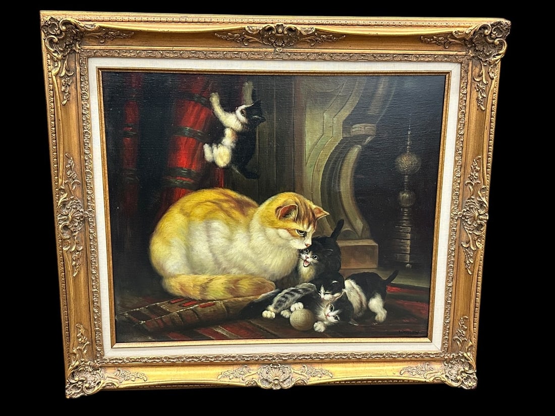 Oil Painting "Cats" Signed Harlow: Oil Painting "Cats" Signed Harlow: Canvas measures 24 x 20". Gilt framed piece measures 31 x 27".