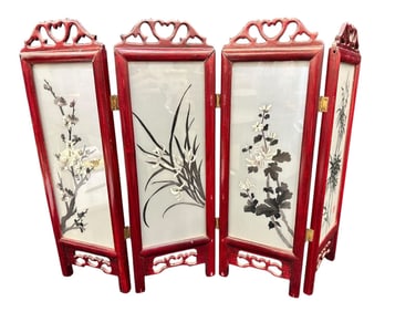 Contemporary Hand Painted Small Four Part Asian Screen