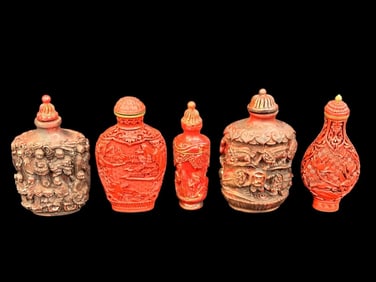 (5) Snuff Bottles; Cinnabar, Others