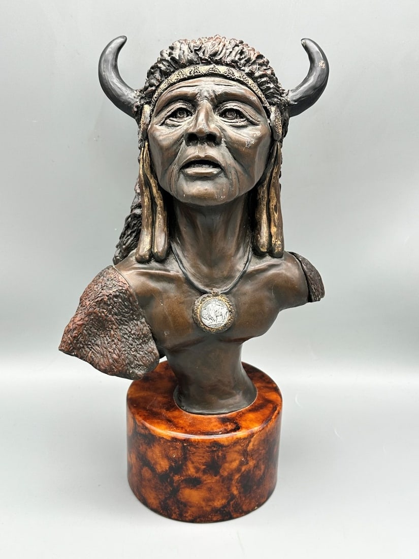 Native American Heavy Resin Indian Bust: Native American Heavy Resin Indian Bust: Signed JC, Set on a plinth. Measures 13.25" tall.